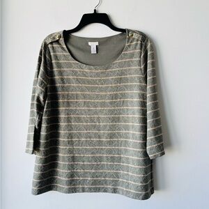 Chico’s Top Lace Print Green Gold Stripe Cotton Womens L Office Casual Artsy